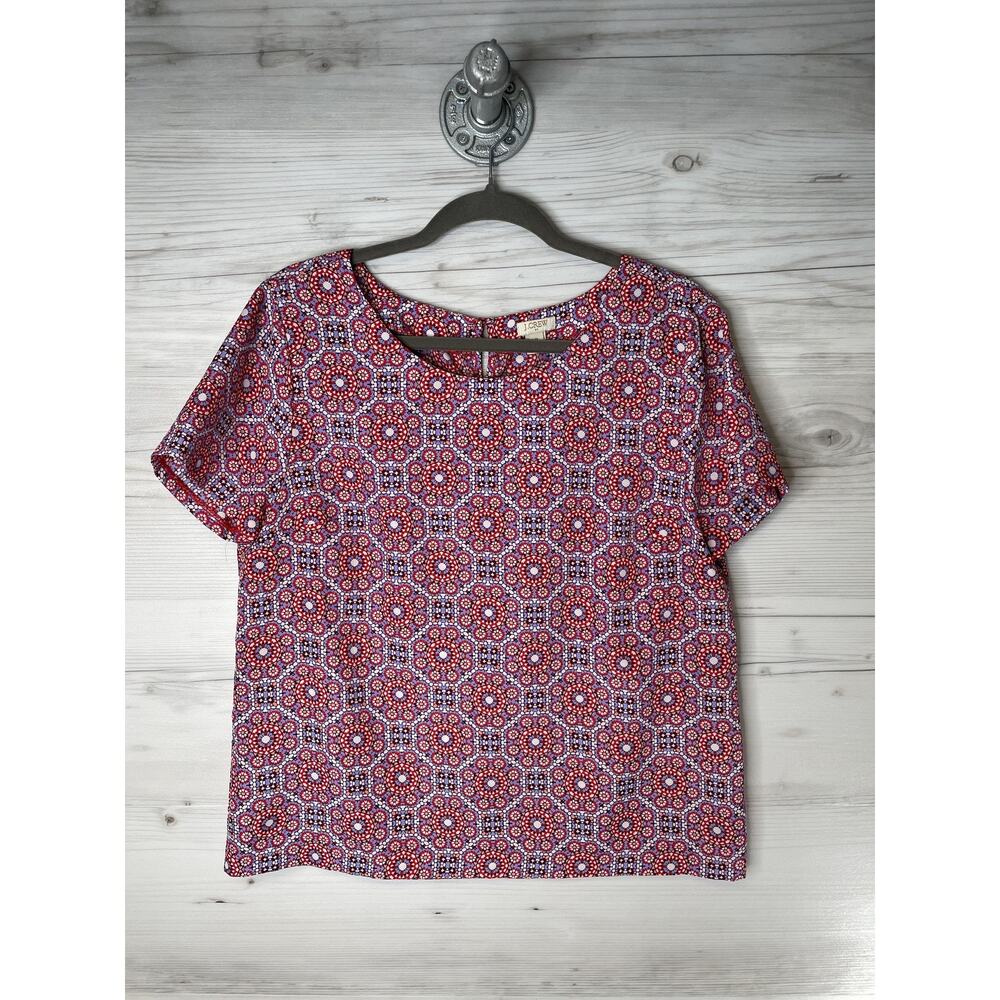 J.Crew Shirt Womens Medium Red Floral Geometric Short Sleeve Blouse Style 77401